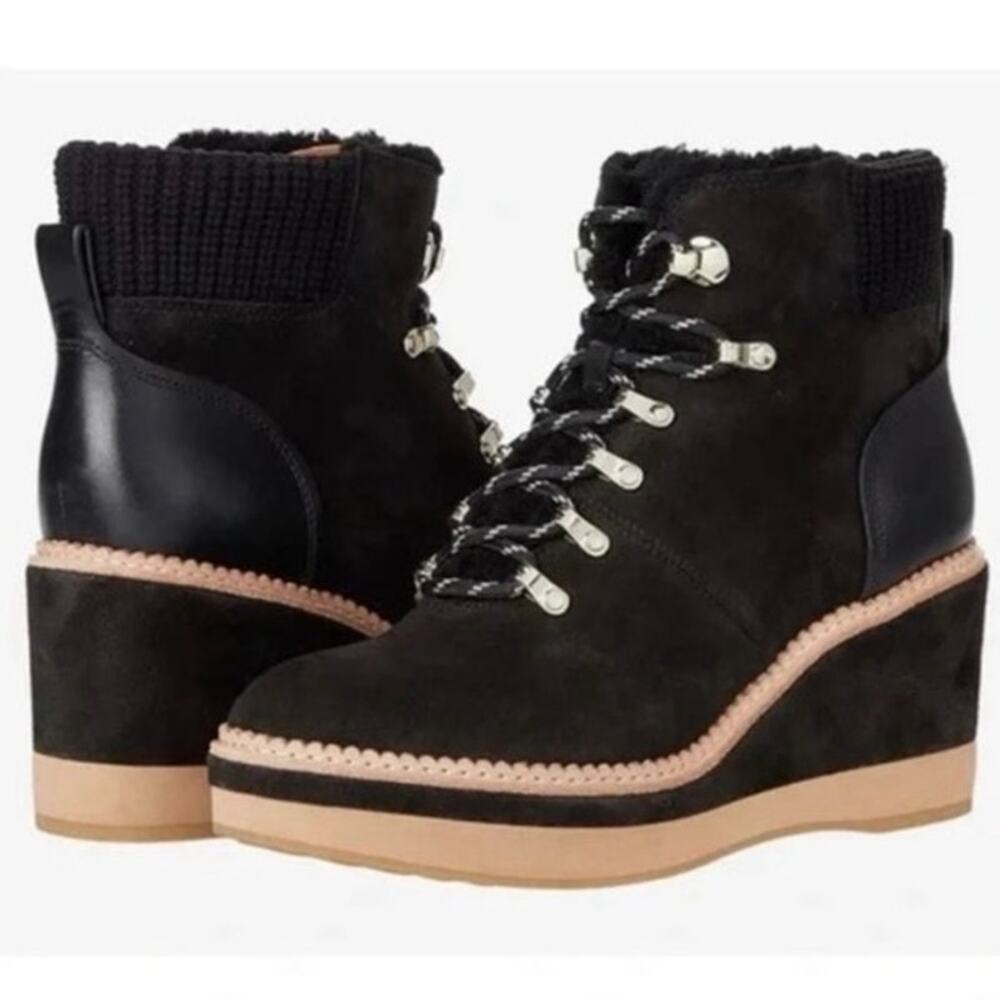 NWOB Kate Spade Willow Genuine Shearling Wedge Bootie in Black SZ 8